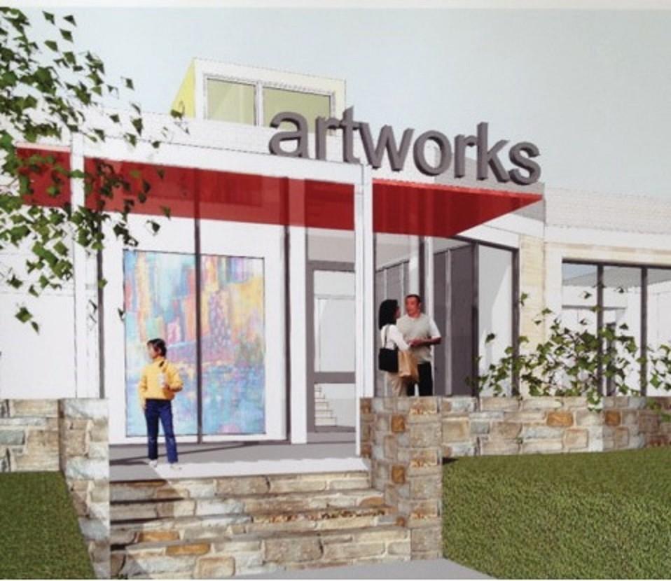 An artistʼs rendering of the exterior of the proposed Art Works renovation project at 4800 Rhode Island Avenue. Photo courtesy Art Works.