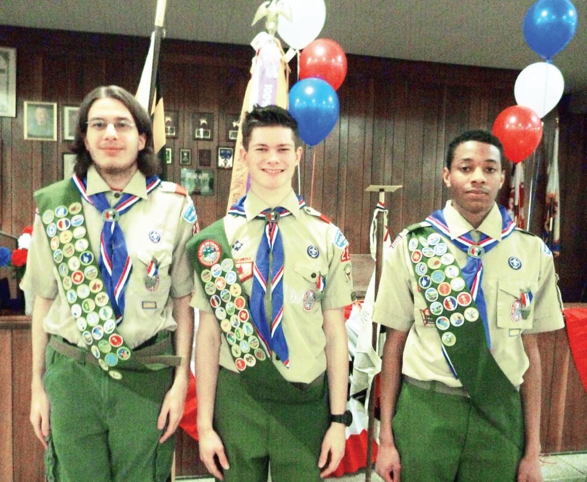 Boy Scouts of America Troop 224 welcomed a record number of Eagle Scouts to its ranks in 2013. From left: John LaChance, Kevin Dominey and Sheldon Brown at their Court of Honor, held in the St. Jerome Gold Room on January 26. The troop has been meeting there since 1948. Credit: Bill Thomas