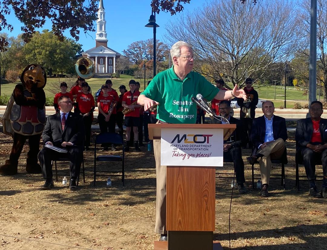 State Sen. Jim Rosapepe applaudes the completition of Phase 1 of the Route 1 revitalization project at a ribbon-cutting ceremony on Nov. 9. Photo by Ijeoma Opara