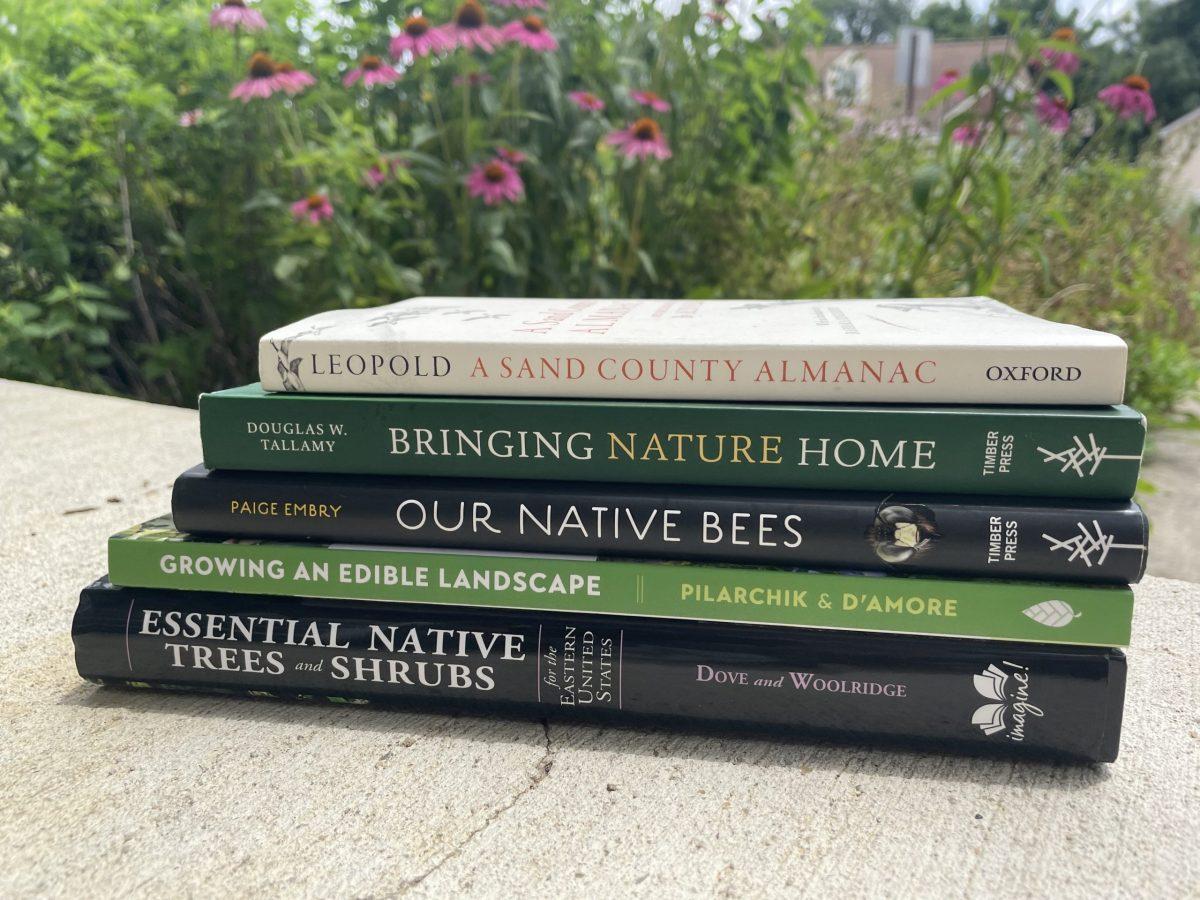 A pile of five books on a garden wall