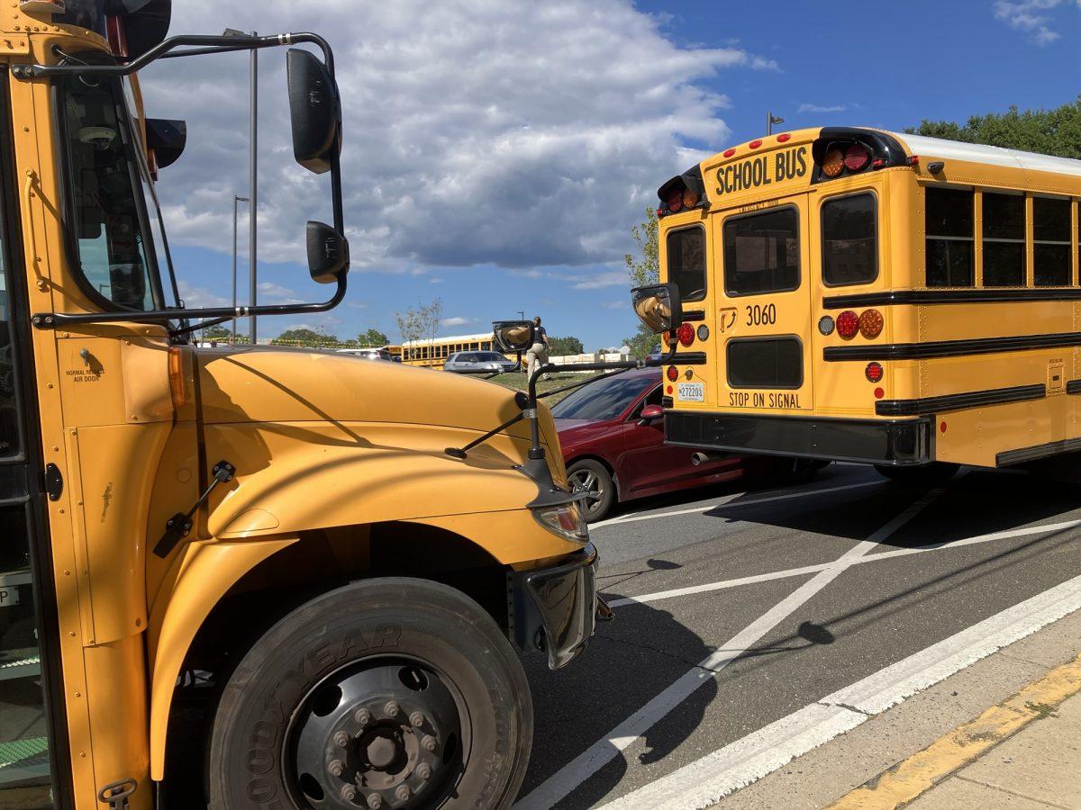 School buses at Hyattsville Middle School fall 2025. Photo By Kit Slack. 