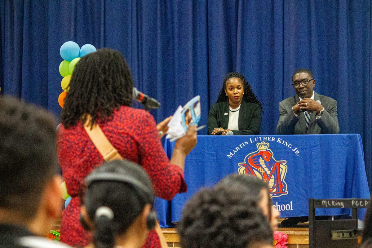 Shawn Joseph, interim Superintendent of Prince George’s County Public Schools, and Tiffini Andorful, PGCPS school board member representing District 1, listen to feedback from families Sept. 29 at the Martin Luther King Jr. Middle School in Beltsville. 
