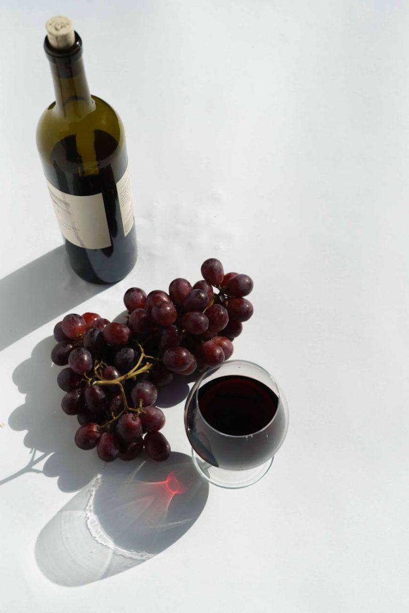 bottle and glass of wine and ripe grapevine