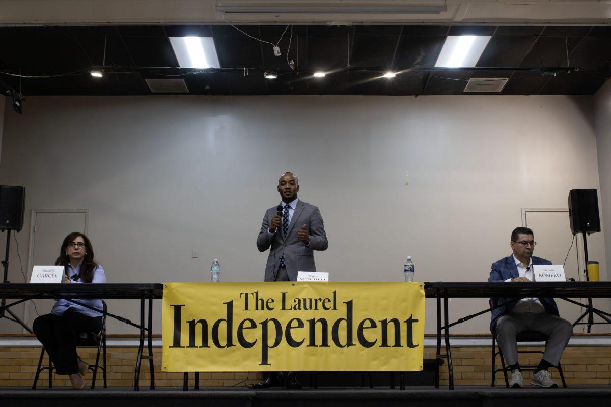 District 1 County Council candidates Michelle García, left, Martin Mitchell, center, and Darwin Romero participate in a candidate forum hosted by The Laurel Independent and Streetcar Suburbs Publishing on April 16 at the Laurel Boys and Girls Club in Laurel.