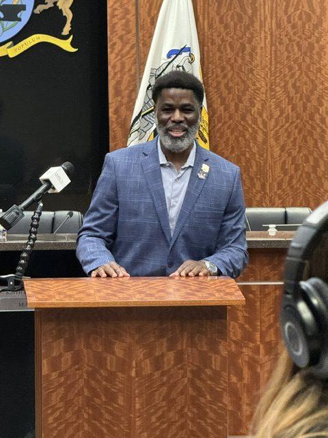 Laurel Mayor Keith Sydnor speaks at an event in the Laurel Municipal Center.