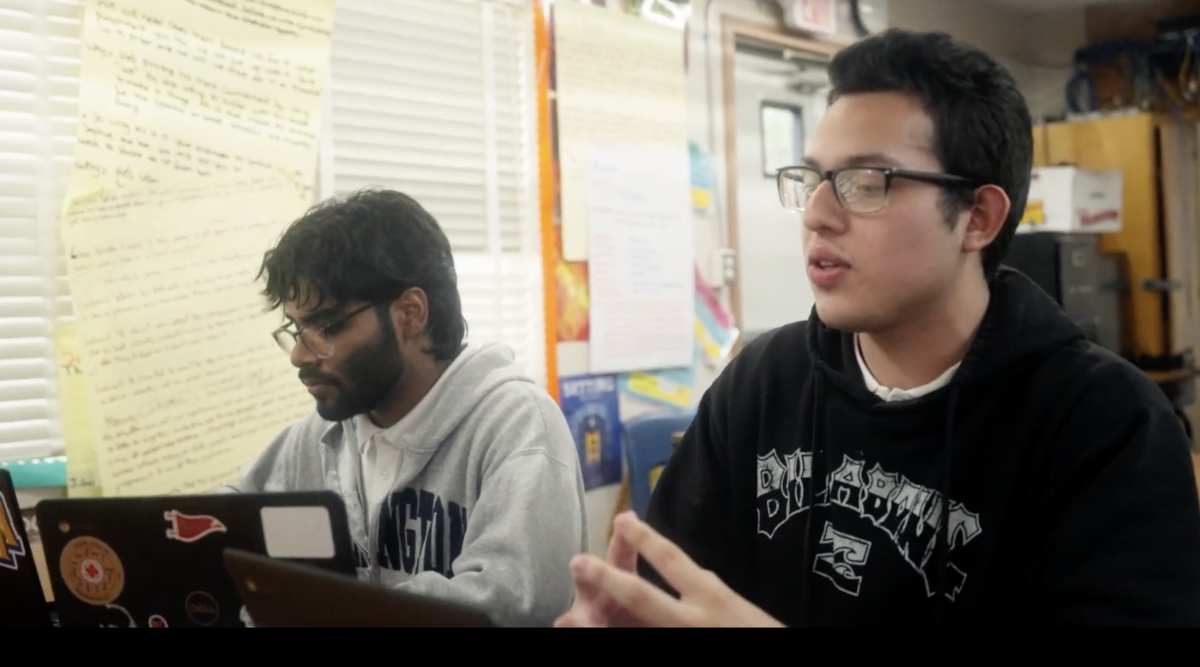 Screenshot of Northwestern students in a skit about county schools' use of technology. 